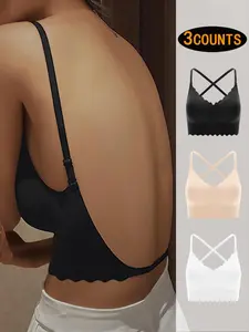 Women's Solid Color Backless Bra, Detachable Straps Design Bra, Soft Comfortable Breathable Lingerie for All Seasons