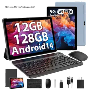 Android 14 Tablet Bundle, 10.1" IPS HD Display, 6GB Native RAM (Supporting 12GB Expand) + 128GB ROM (Up to 1TB Expandable), Quad-Core Processor, 8000mAh Battery, Dual-Band WiFi, Complete Set with Keyboard, Mouse, Stylus & Case, WiFi-Only Tablet PC
