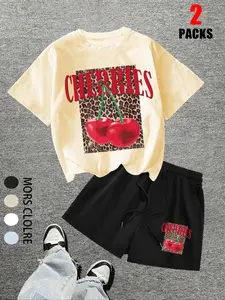 2 Piece Women's Casual T-Shirt and Checkered Shorts Set, Leopard Cherry Letter Print Pattern, Summer Fashion Ensemble for Beach and Daily Wear