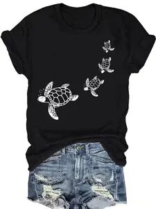 Sea Turtles Print T-Shirt, Short Sleeve Crew Neck Casual Top for Summer And Spring, Women'S Clothing