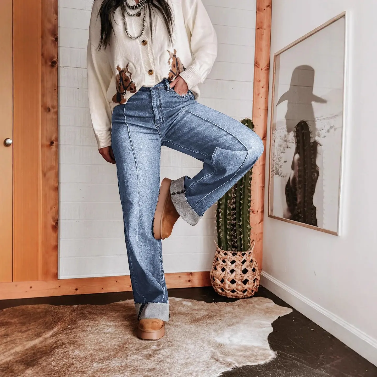 Women's Retro Western High-Waisted Wide-Leg Jeans - Button Closure, Front Seam, Cuffed Hem, Loose Fit, Casual, H Type, Hangable, Conceals Bulges, Elastane, Minimalist Plush Accents, Solid Western Bottoms for Cardigan Pairing, Valentine's Day Holiday, Neck