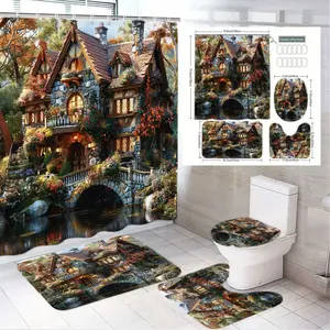 4pcs Whimsical Storybook Stone House Shower Curtain Set with Autumn Foliage & Charming Decorative The floor mat fabric is thicker and softer! Accessories for a Cozy Bathroom Retreat – Enchanting Home Décor for Fall Vibes
