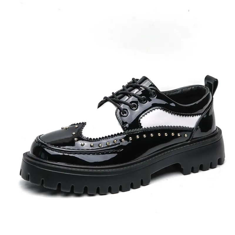 Men's Glossy Studded PU Leather Oxfords - Office Footwear, Lace-Up, Chunky Heel, Round Toe, Ankle Height, All-Seasons, CN38, for Business Casual Outfits
