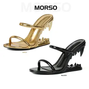 CYNLLIO Womens Morso Sandals Open Rounded Toe Wedge Heels Elegant Metallic Shark Teeth Heel Style Slip on Strappy Heeled Fashionable Tiger Teeth Flip Flops Thong Mule Hollow-Shaped Slide Sandal Dressy Party Clubbing Wedding Spring Summer Catwalk Pumps