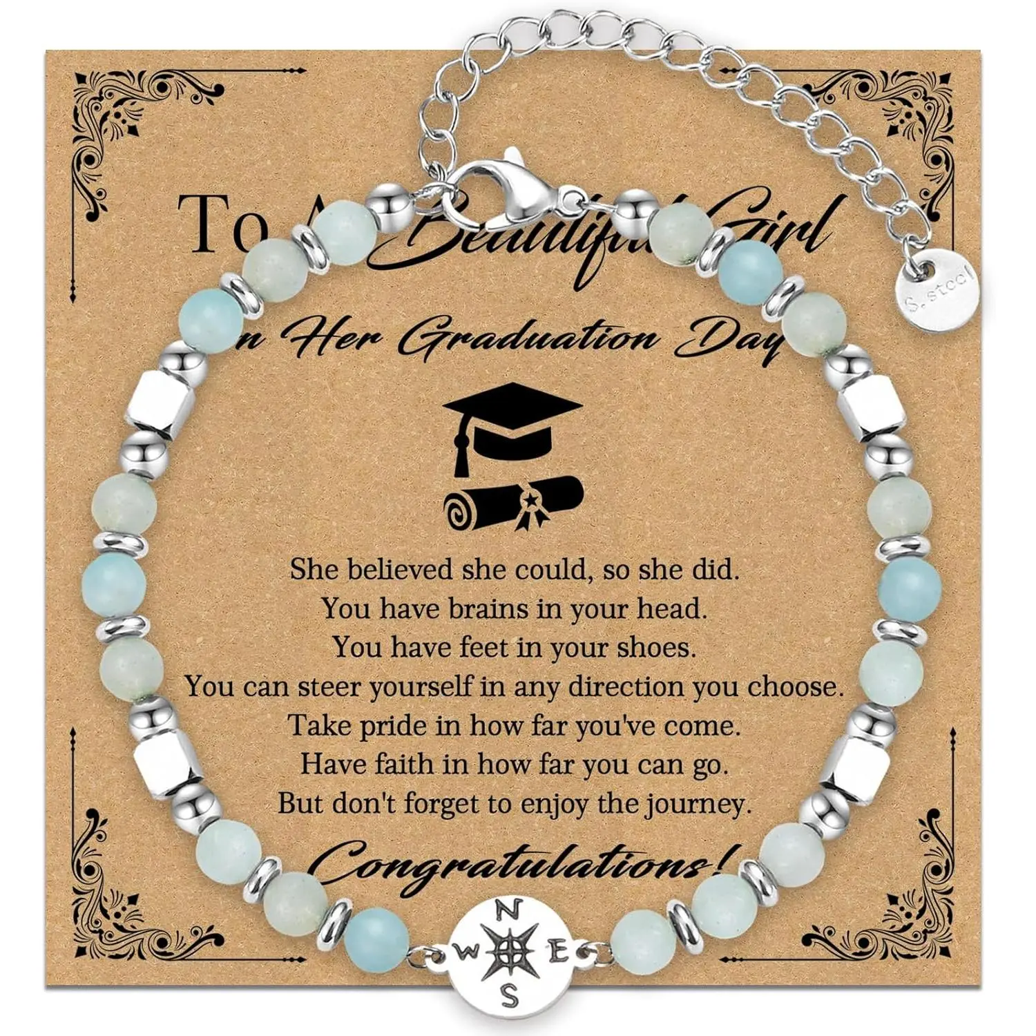 Women's 2026 Graduation Inspirational Compass Bracelet - Gemstone, Premium Stainless Steel Costume Jewelry - Class of 2026 Graduate Gifts for High School, College Graduates, Gemstone Bracelet, Premium Bracelet