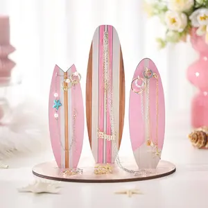 Jewelry Organizer Stand, Coastal Christmas Surfboard Decor, Preppy Beach Room Decor, Wooden Hawaii Surfer Gift, Teen Girl Room Decoration(Pink)