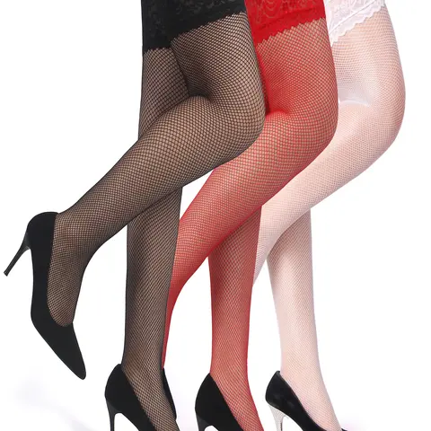 OHYEAH Fishnet Thigh High Stocking for Women Silicone Lace Top Sheer Over Knee Stockings Plus Size Lace Stay Up Silky Semi Sheer Pantyhose for Women Hold Up