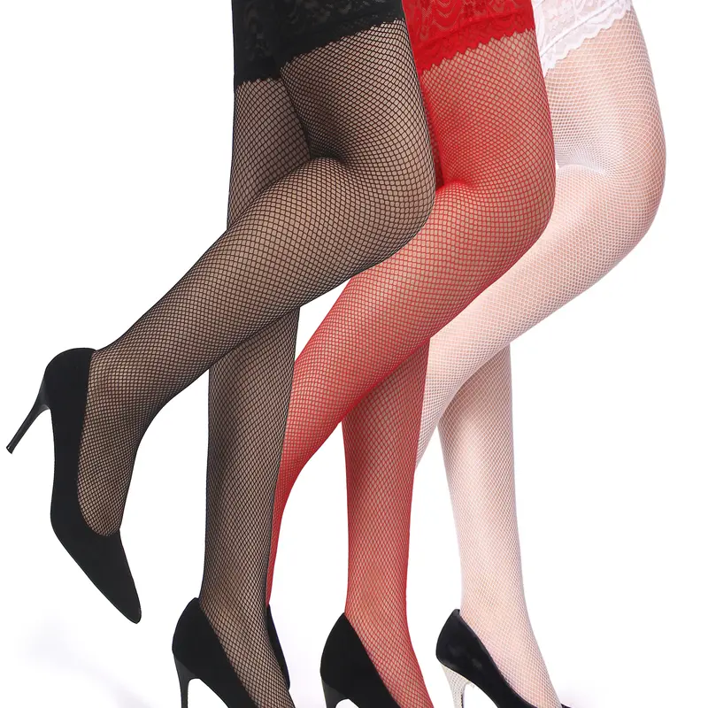 OHYEAH Fishnet Thigh High Stocking for Women Silicone Lace Top Sheer Over Knee Stockings Plus Size Lace Stay Up Silky Semi Sheer Pantyhose for Women Hold Up