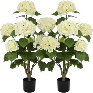 3FT Real Touch Faux Hydrangea Tree Outdoor, 2 Pack Beige Hydrangea Tree Artificial with Vibrant Blooms, Faux Hydrangea Potted Plant for Indoor Outdoor Home Front Porch Pation Decor