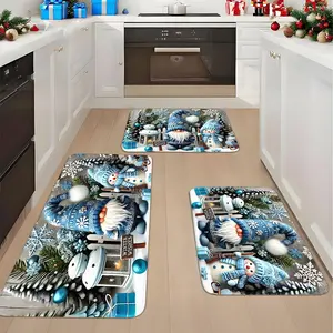 1 Piece Flannel Christmas Kitchen Rug - Snowy Blue Gnome & Snowman Pattern, Cozy Snowflakes, Soft & Cozy, Multi-Scene Use