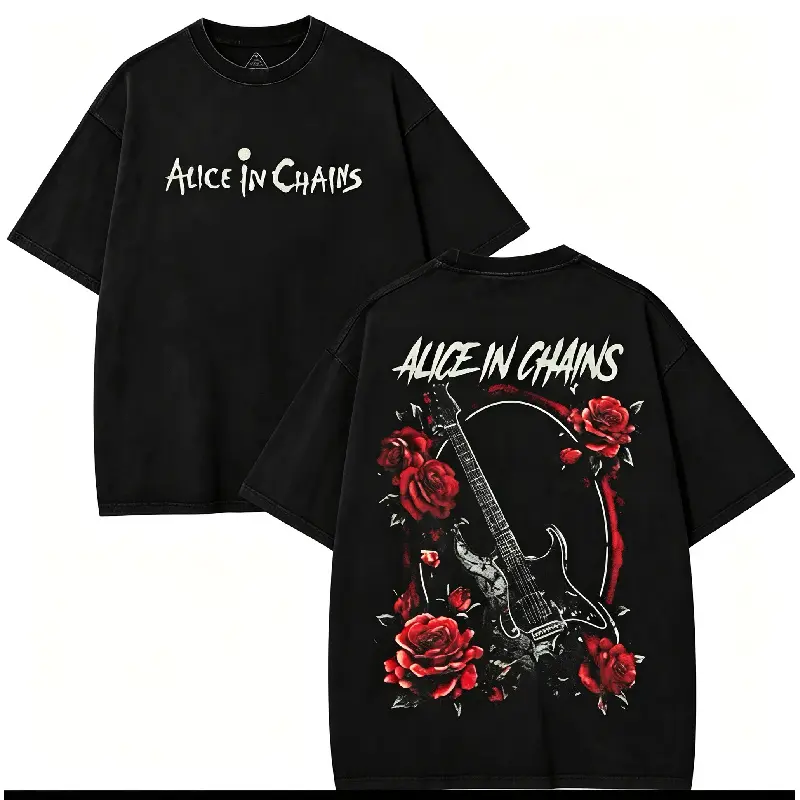 Graphic T-Shirt Alice In Chains Band T Shirts Washed Tee Vintage Clothing Rock Concert Outfits Oversize Streetwear Heavy Cotton Top Unisex Alternative Metal Concert Grunge Clothes Casual Music Fan Tee fit t-shirt