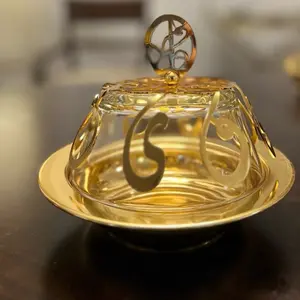 Middle Eastern Decorative Serving Bowl - Gold Finish with Circular Top and Unique Design - Plates