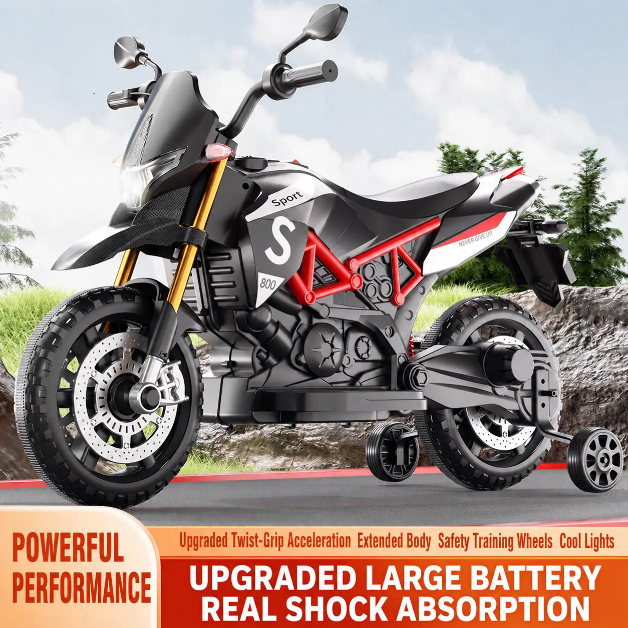 Kids Electric Ride-On Motorcycle Toy - Rear-Wheel Drive Battery-Powered Bike, Training Wheels, LED Lights, Bluetooth Music