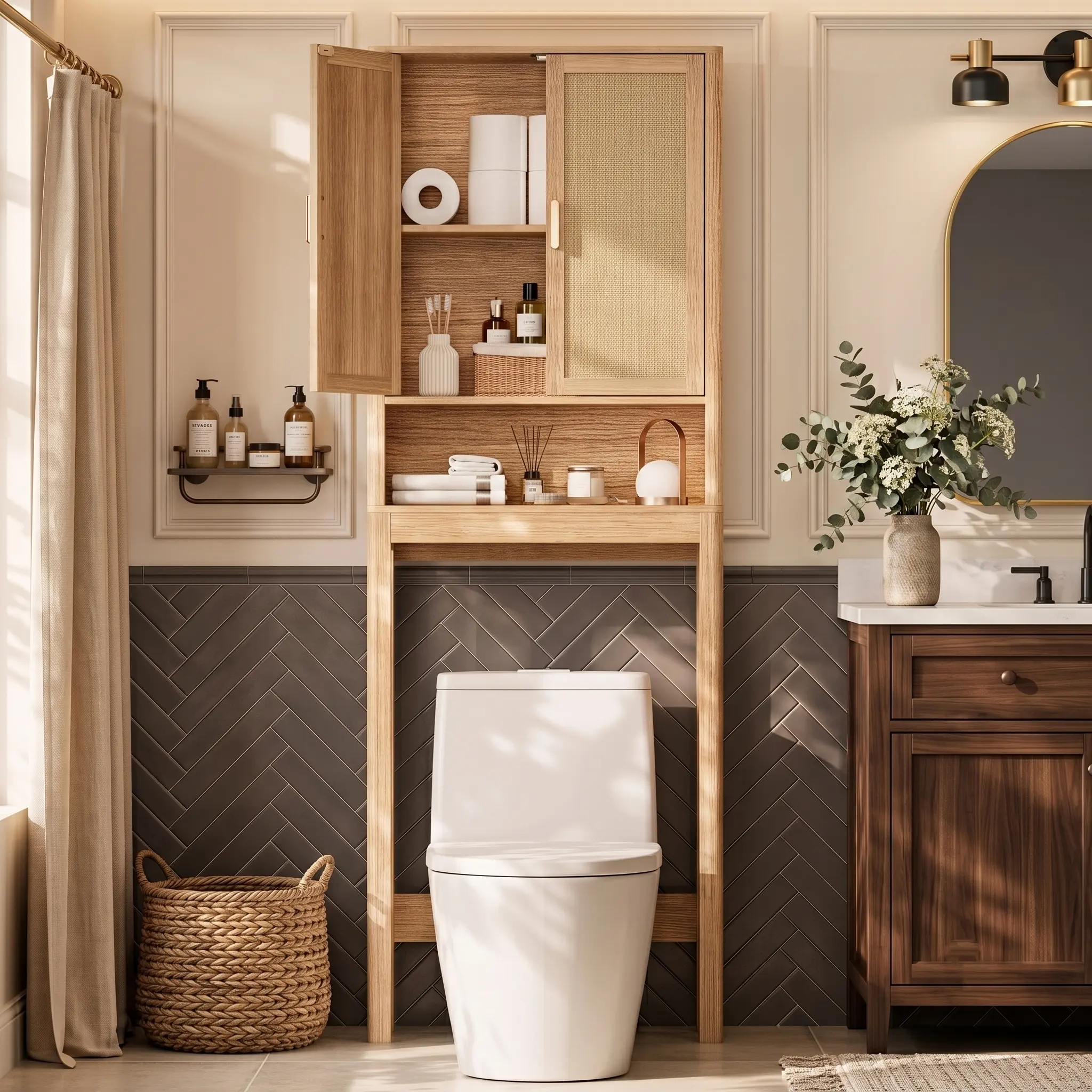 Aesthetic Boho Rattan Over-Toilet Cabinet | Tall Bathroom Space Saver & Organizer