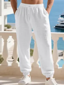 Spring & Fall New American Style Loose Linen Breathable Plain Men's Casual Simple Beach Drawstring Pants, Comfortable Home Wear, Stylish and Relaxed Fit