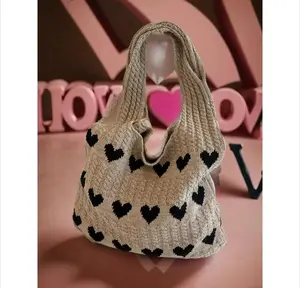 Trendy Heart Pattern Crochet Tote Bag for Women, Large Capacity Summer Beach Shoulder Bag, Boho Woven Vacation Tote, Lightweight Everyday Handbag for Travel Shopping Pool Daily Wear