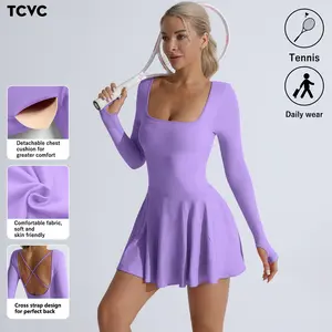 TCVC Women's Cross Back Sports Dress, Long Sleeve Square Neck | Tennis, Yoga & Outdoor Activities | Skin-Friendly & Figure Flattering