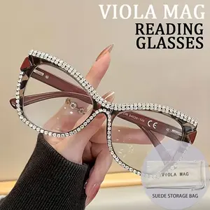 New Women's Fashion Vintage Square Rhinestone Cat Eye Reading Glasses, Luxury Elegant PC Material, +1.0 to +4.0 Strength, Lightweight Durable