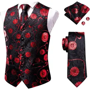 Hi-Tie Men's Suit Vest and Tie set Formal Business Waistcoat and Tie Pocket Square Cufflinks Set for Wedding Tuxedo