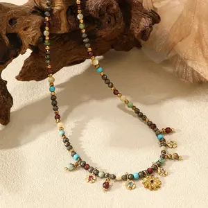 Multicolor Stone Beaded Charm Choker Necklace