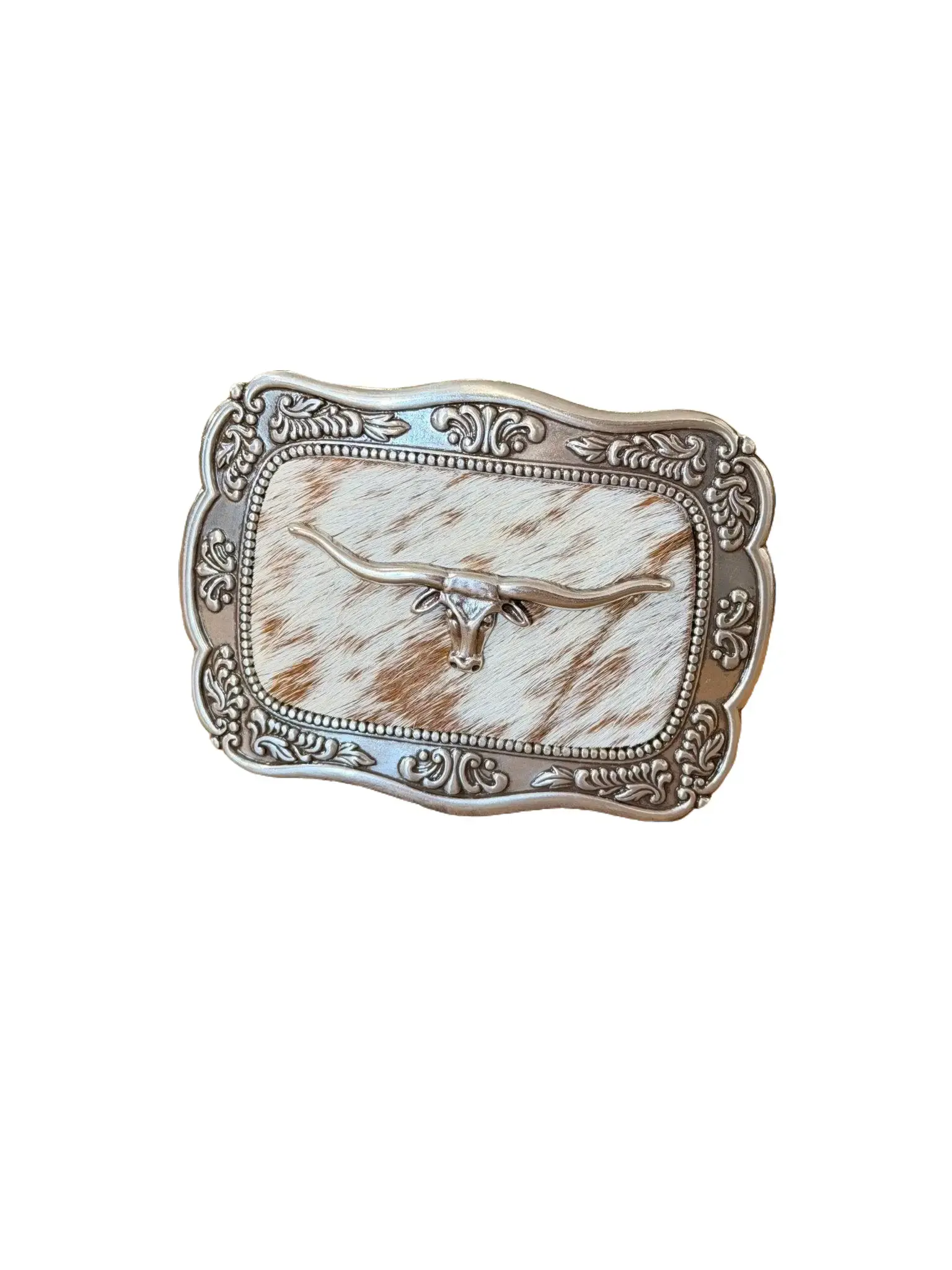Blazin Roxx Men's Western Belt Buckle, Square Longhorn Design, Genuine Hair-On Hide with Ornate Engraved Silver-Tone Border, Interchangeable, Secure Metal Buckle, Western Accessories, Natural Variation, Genuine Hair-On Hide Center, Ornate Engraved Border,