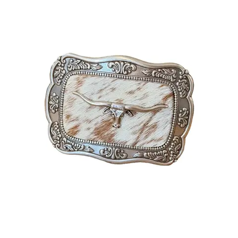 Blazin Roxx Genuine Hair-On Cow Hide Western Belt - Standout Square Cut, Raised Longhorn Design, Ornate Engraved Silver-Tone Rugged Metal Frame, Secure Metal Buckle, Interchangeable, Rodeo-To-Denim Fit, Natural Variation, Classic Men's Cowboy Accessory