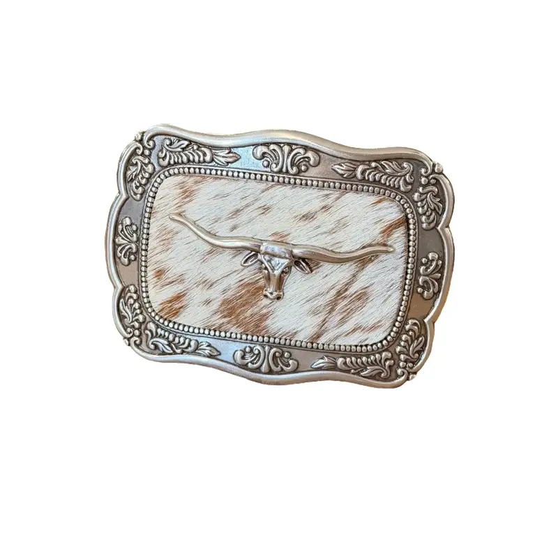 Blazin Roxx Genuine Hair-On Cow Hide Western Belt - Standout Square Cut, Raised Longhorn Design, Ornate Engraved Silver-Tone Rugged Metal Frame, Secure Metal Buckle, Interchangeable, Rodeo-To-Denim Fit, Natural Variation, Classic Men's Cowboy Accessory