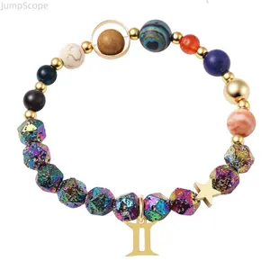 Zodiac Solar System Natural Stone Bracelet Elastic Beaded Constellation Charm Bracelet for Women Astrology and Celestial Lovers