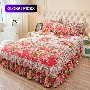 Floral Print Ruffled Edge Bed Skirt Set, 3-Count Soft Bedding Set Including 1 Bed Skirt and 2 Pillowcases without Filler, Comfy Decorative Bedding for Home Bedroom #GLOBAL PICKS