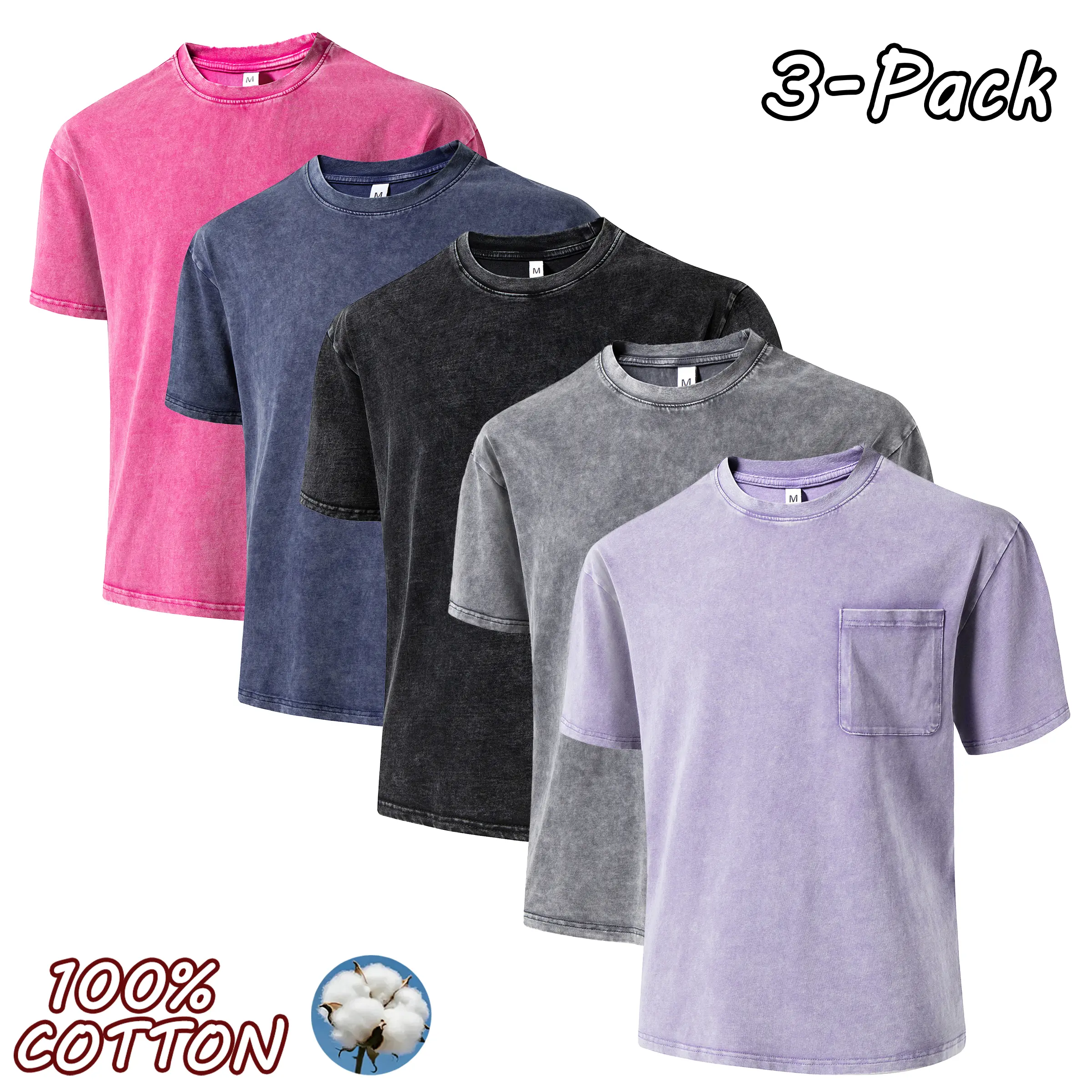 3-pack men’s 100% pure cotton vintage washed T-shirts for couples, casual fashion that matches any outfit; new unisex crew-neck short-sleeve tops suitable for outdoor sports, everyday wear, and street outings.