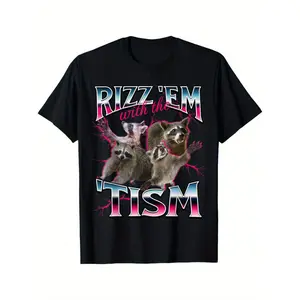 Men's Funny Autism Awareness "Rizz 'Em with The Tism" Graphic T-Shirt - Soft Cotton Black Tee with Playful Raccoon Meme Design, Light -Friendly Casual Festival Shirt for Adults, Year-Round Comfort Men's Cotton Crew Neck Tee graphic design unisex cotton t-