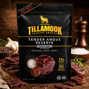 Tillamook Country Smoker Tender Angus Reserve Original Beef Jerky, 6 oz, Real Hardwood Slow-Smoked USA Angus Beef, 14g Protein Per Serving, Gluten Free, No Artificial Ingredients, Zero Sugar