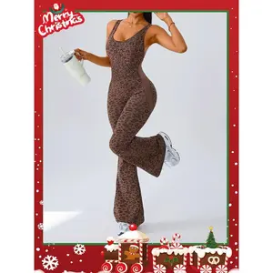 Women's Leopard Print Yoga Jumpsuit, Cross Strap Design, Long Sleeve Slim Fit, Casual Fashion for All Seasons, Comfortable Wear at Home, Sporty Comfy Jumpsuit