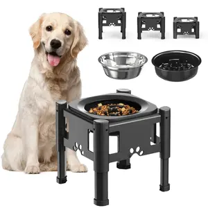 Elevated Dog Bowl Slow Feeder, Stainless Dog Water Bowl, 3 Heights Adjustable Non-Slip Raised Dog Bowl Stand, Detachable & Dishwasher Safe, Black, 1L Water Bowl+1.1L Slow Feeder Bowl Dogaccessories Raised Food Bowl Interactive Dog Bowl