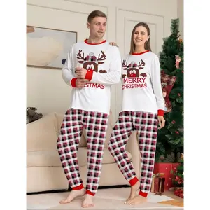 Limited Edition Christmas Couple Pajama Set, Cartoon Reindeer Print Top and Checkered Pants, Soft and Comfortable Home Wear for Autumn and Winter GARMENTARY