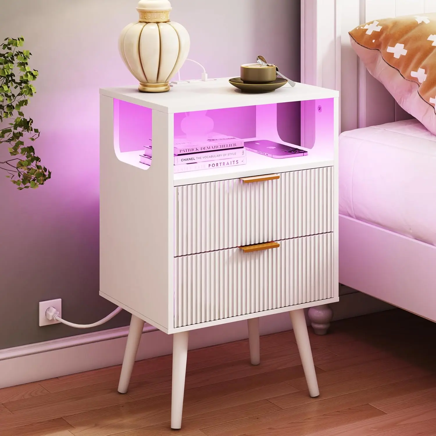 White Modern Pine Bedroom Nightstand-Side Table, 15.7" w x 11.8" d x 25.2" h, LED Lights, 2 Storage Drawers, Open Shelf, Durable High-Quality MDF Board, Anti-Slip Rubber Pads, Easy Assembly and Cleaning, Space-Saving Indoor Furniture, Coffee Table, Small