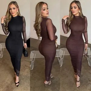 Larissa Elegant Mesh Midi Dress with Long Sleeves and High Neckline for Women