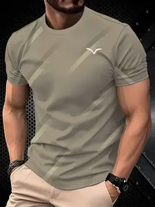 Men's Casual Striped T-Shirt, Olive with Gold Accents, Regular Fit Round Neck, Breathable Fabric, Street Style