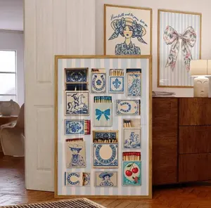 [Sale off up to 65%][Free Ship][No Frame] Chinoiserie Matchbook Collage UNFRAMED Poster, Romantic Blue and White Toile Coastal Cowgirl Dopamine Decor Valentine's Day Large Framed Wall Art