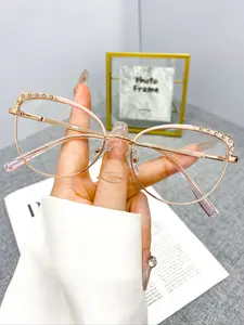 Cat Eye Glasses High Quality Metal Frame Flat Mirror Decorative Lenses Rhinestone Decor Fashion Women's Eyewear, Casual Style All Seasons