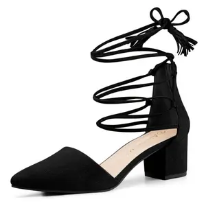 BLISSFUL STEP Pointed Toe Block Heels Lace Up Pumps