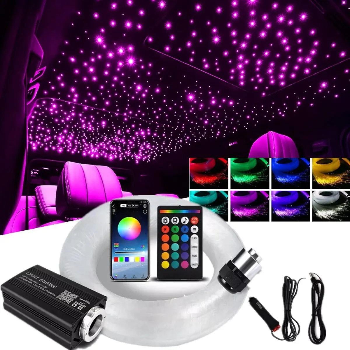 Fiber Optic Car&Home Headliner Star Light Kit, 1000pcs* 0.02in *6.5ft Roof Ceiling Lights,Color-Changing, App+24 Key Remote Control, Static 15 Color And Rgb Light Change, Fade, Spark And Adjust Brightness, Mode Speed Adjustment,Interior Led Vehicle