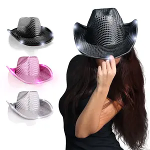 Women's Shiny Light Up Cowboy Hat with Sequins One Size Fits Most Hand Wash Only LED Flash Blink or Steady Light for Fun at Theme Parties