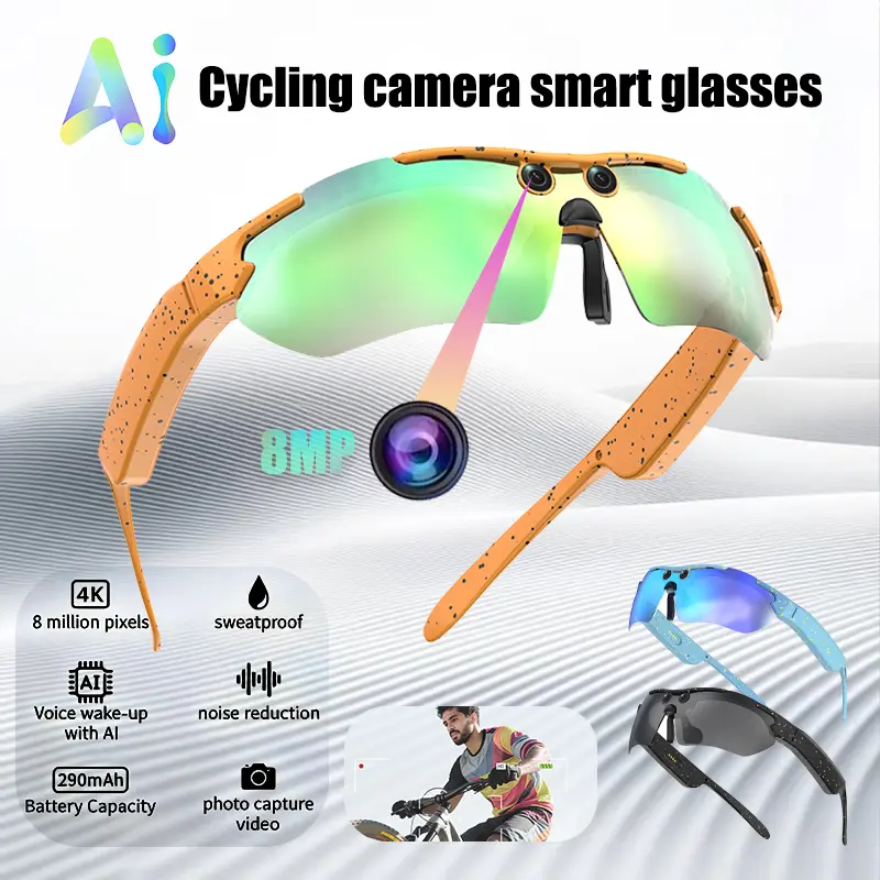 AI-Powered Smart Camera Glasses for Cycling & Outdoor Sports 8MP Hands-Free Recording Surround Sound Voice Control Real-Time Translation Ideal for Cycling Running Fishing Mountain Climbing Perfect Christmas Gift
