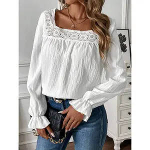 Women's Plain Contrast Lace Flounce Sleeve Blouse, Casual Chic Minimalist Square Neck Long Sleeve Top for Spring & Fall, Women's Clothing for Daily Wear, Womenswear, Longsleeves Soft Top Women, Elegant Classy Tops, Boho Style Shirt cut  back  shirt