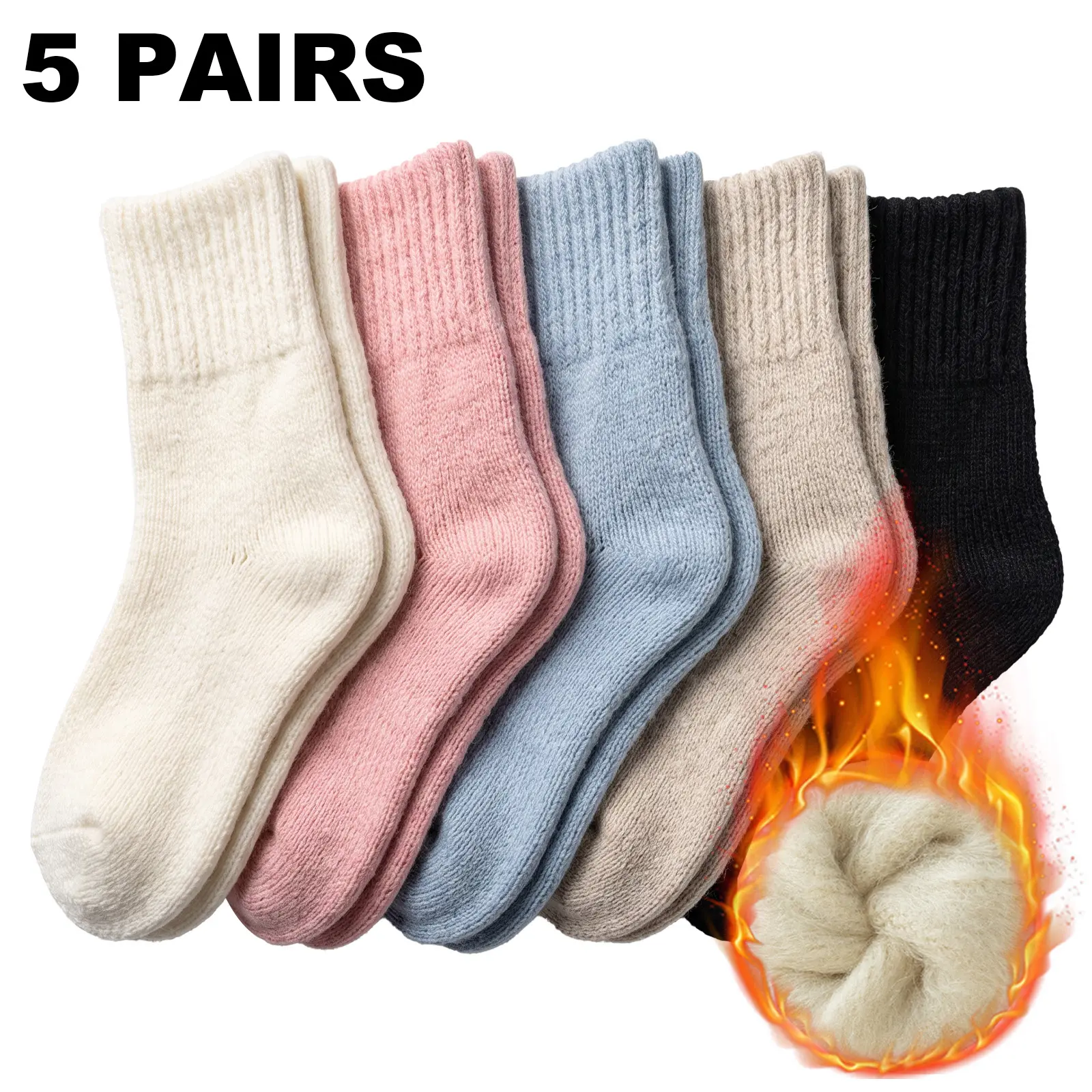 VRCOMFY Solid Mid-Calf Socks 5 Pack Fleece Lined Thick Warm Knit Socks Casual Comfy Socks Fall Winter Daily Wear