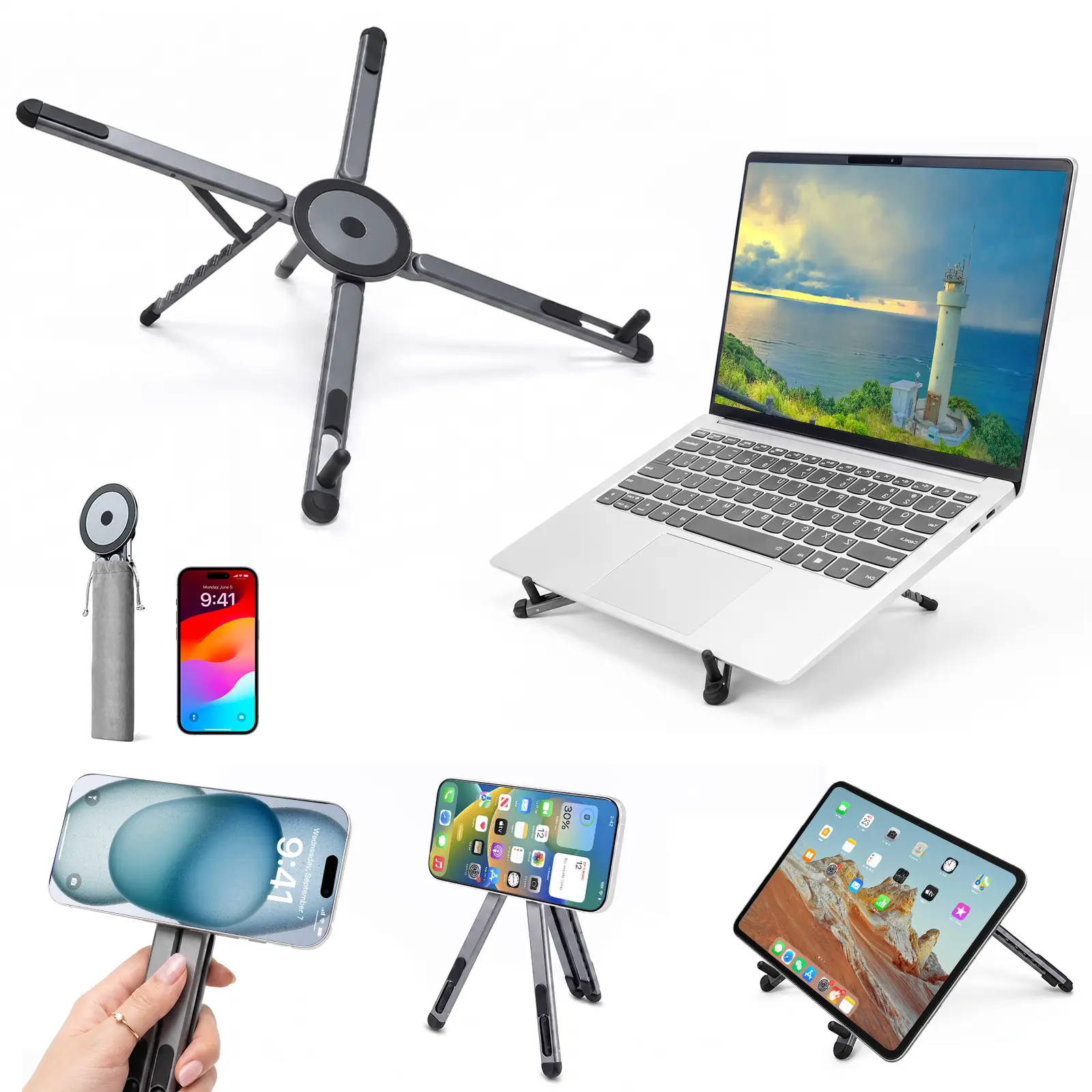 Magnetic Foldable Laptop Stand, Adjustable Aluminum Laptop Riser with 8 Height Levels, Portable Desk Stand for Laptop, Tablet & Phone