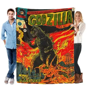 Vintage Godzilla "King of the Monsters" Comic Style Flannel Throw Blanket Soft Cozy Warm Lightweight Plush Fleece Blanket Unique Christmas Holiday Gift for Godzilla Fans Kaiju Lovers Couch Bed Sofa All Season Home Decor