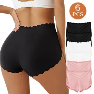QUASTI 6-Piece Solid Color High-Waisted Hip-Lifting Safety Pants, Lace Trim Design, Super Soft and Skin-Friendly Fabric, Slimming, Tummy-Slimming Underpants, Comfortable and Breathable Panty, Stylish and Versatile Brief, Perfect Womenswear Sizes S-XXL