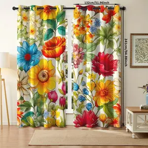 2pcs Colorful Floral Curtains Rod Pocket, Vibrant Drapes for Bohemian Homeowners, Bold Decor Fans, Living Room Bedroom Use